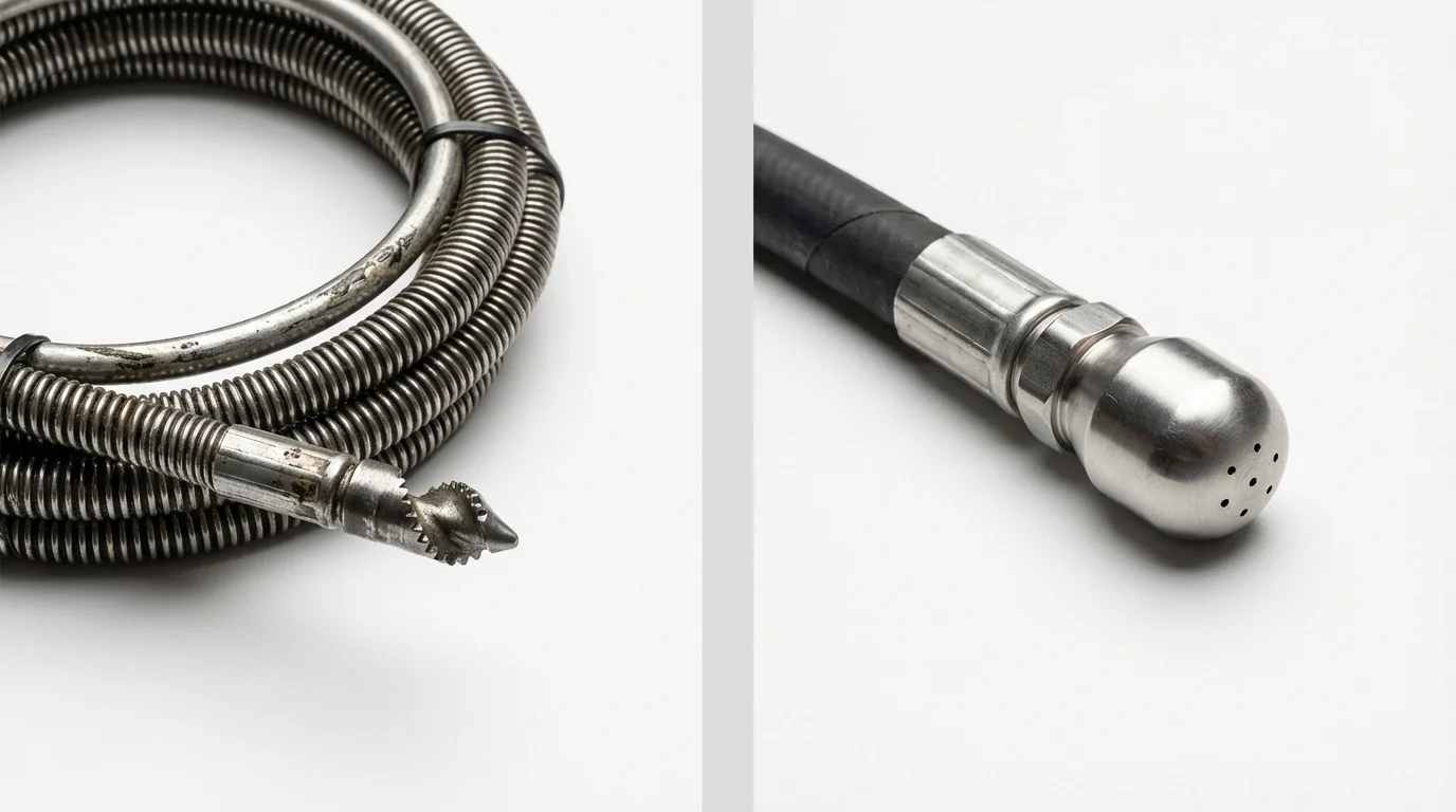 Drain snake cable and hydro jetting nozzle used for drain cleaning in Woodsboro, TX
