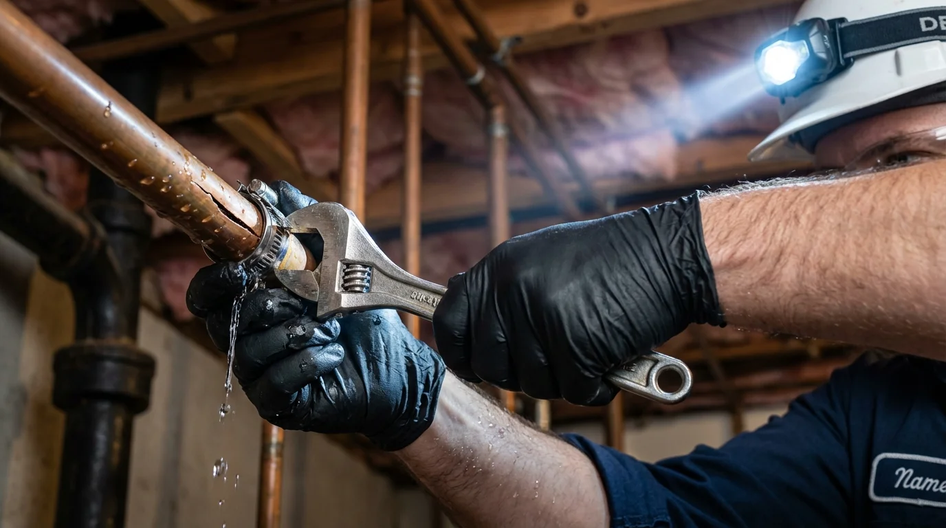 Emergency pipe clamp repair being performed by a Johns Plumbing LLC plumber in Woodsboro