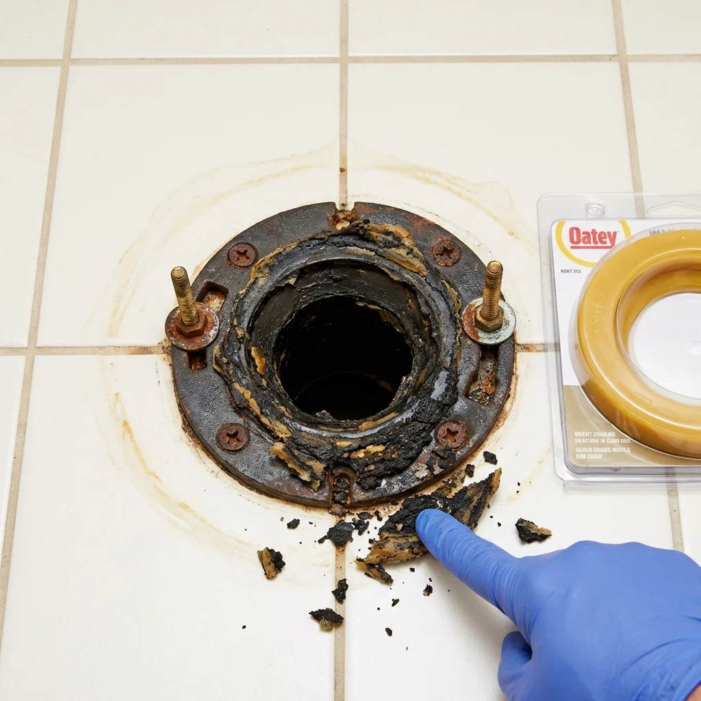 Failed wax ring showing water seepage at the base of a toilet in a Woodsboro, TX home