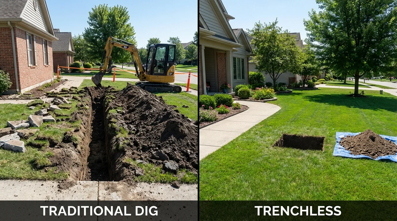 Trenchless sewer repair with minimal yard damage versus traditional excavation in Woodsboro, TX