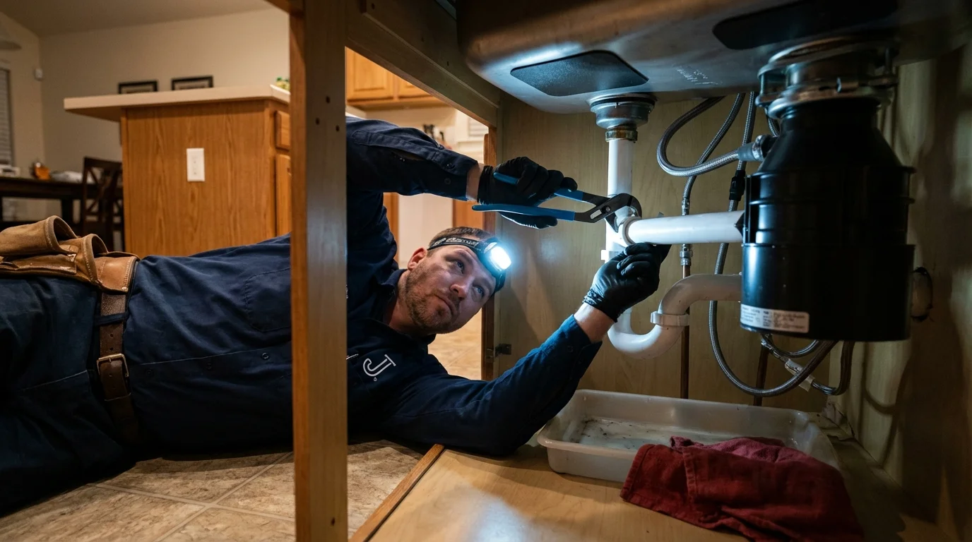 P-trap and supply line connections under a kitchen sink showing a common leak point in Woodsboro, TX